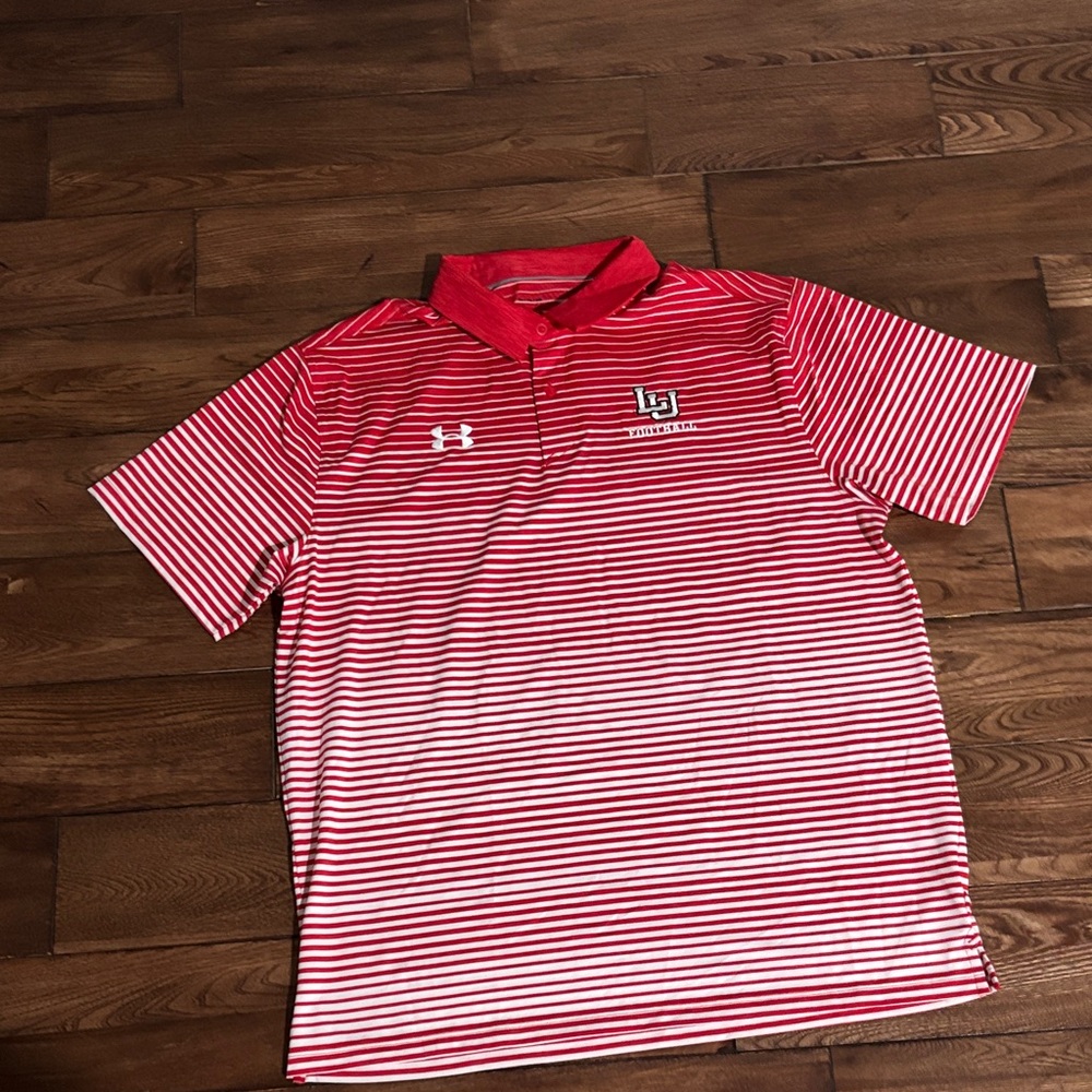 Under Armour Red and White Striped Polo